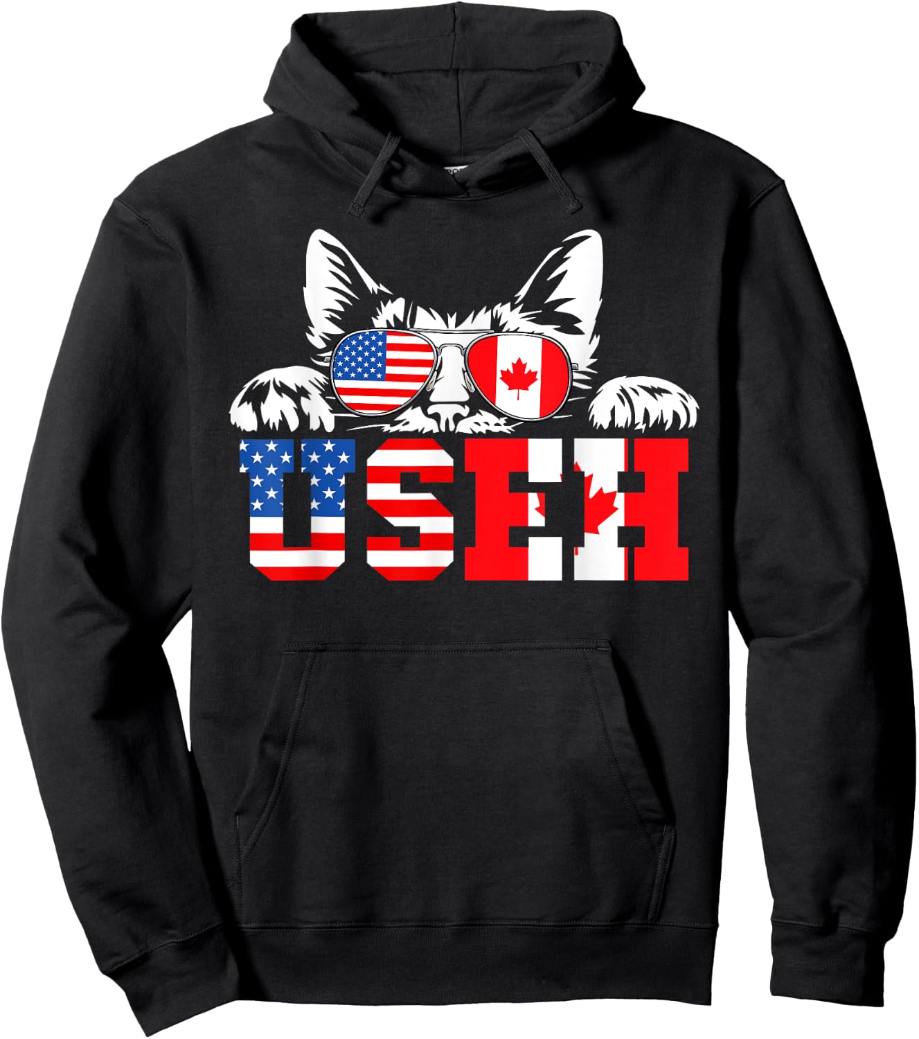 Funny Cat Lover Maple Leaf Canadian & USA Flag Canada Day Hoodie - Hoodie | Black