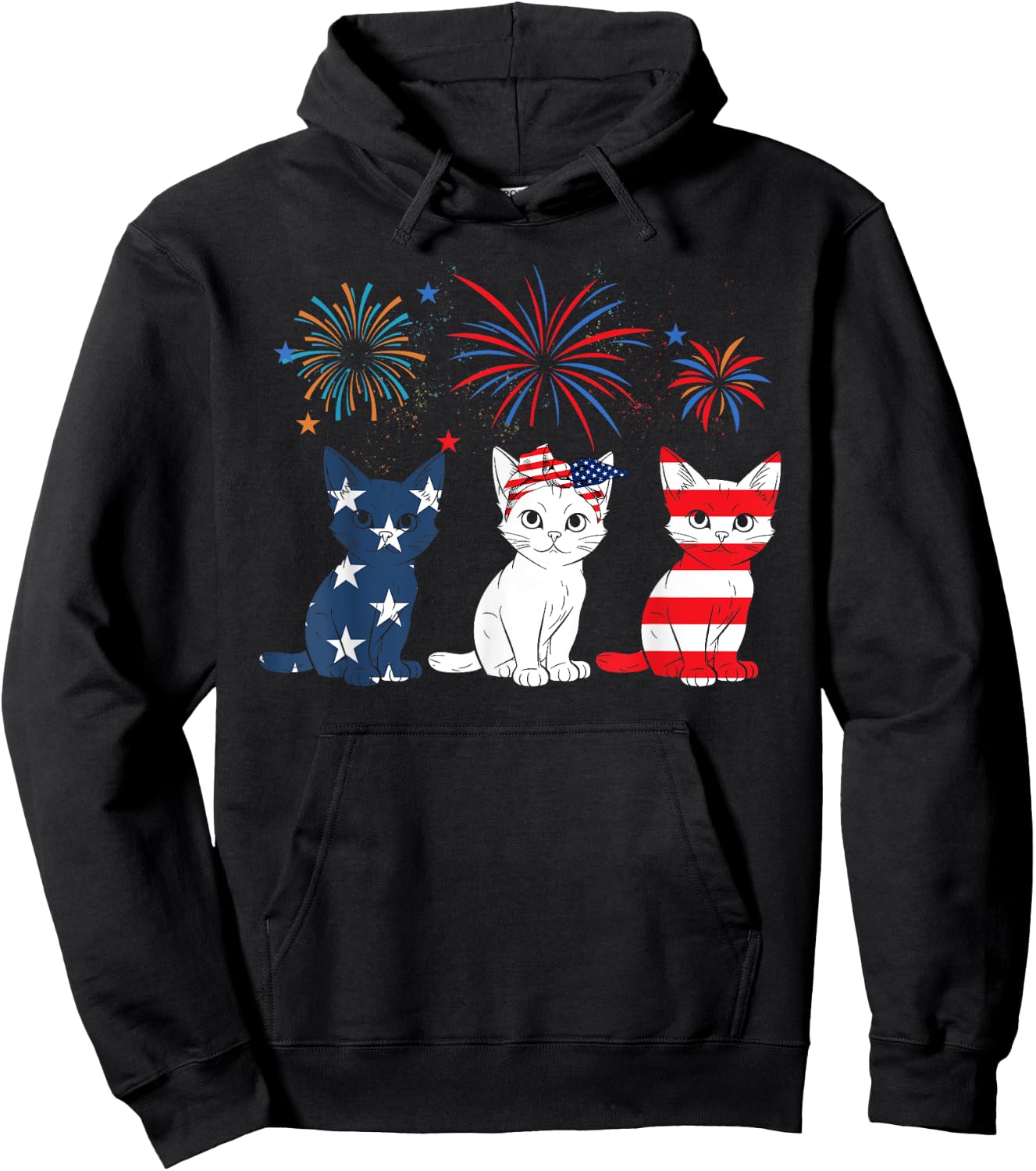 Red White Blue Cat USA Flag Firework 4th Of July Hoodie - Hoodie | Black