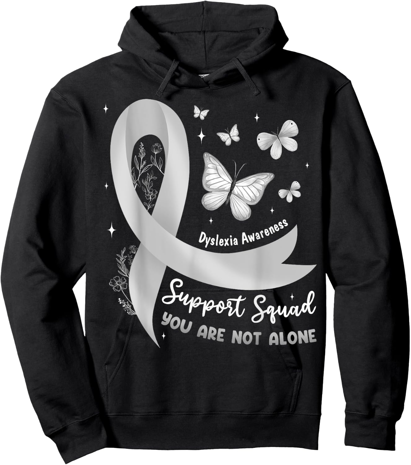 Support Squad Dyslexia Awareness Silver Ribbon Butterfly Hoodie - Hoodie | Black