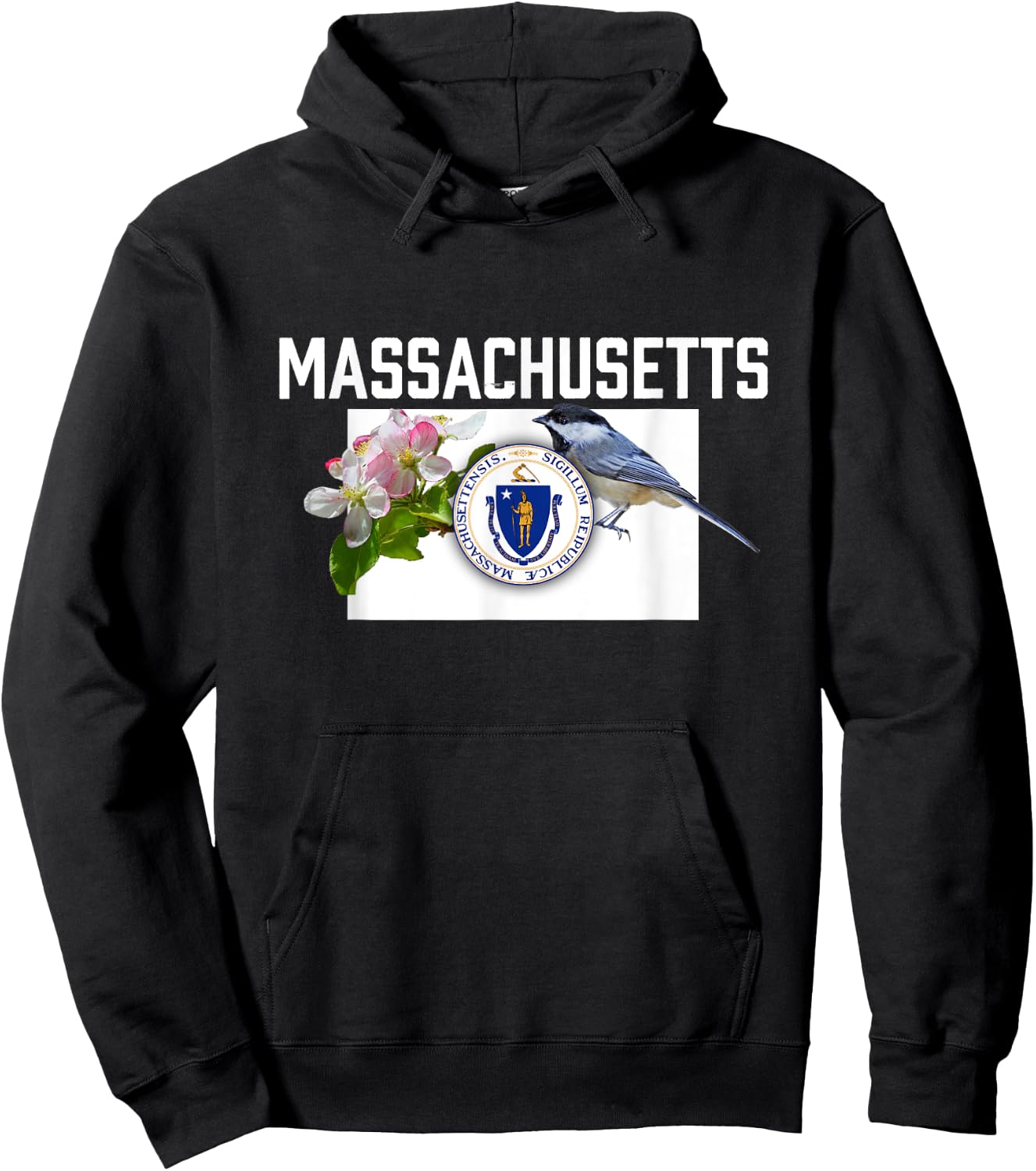 Massachusetts US State Flag With State Bird & Flower Hoodie - Hoodie | Black