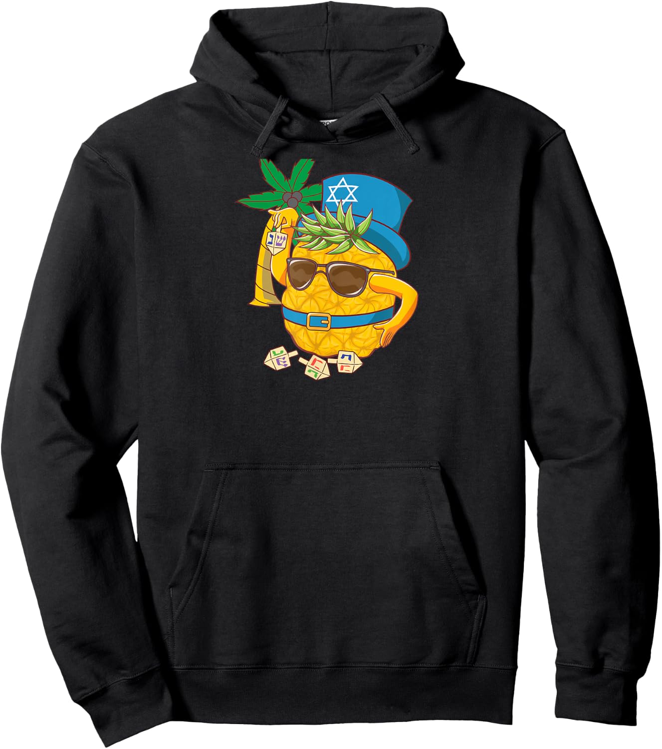 Funny Tropical Hanukkah Pineapple w Dreidel Palm Tree Hoodie - Hoodie | Black