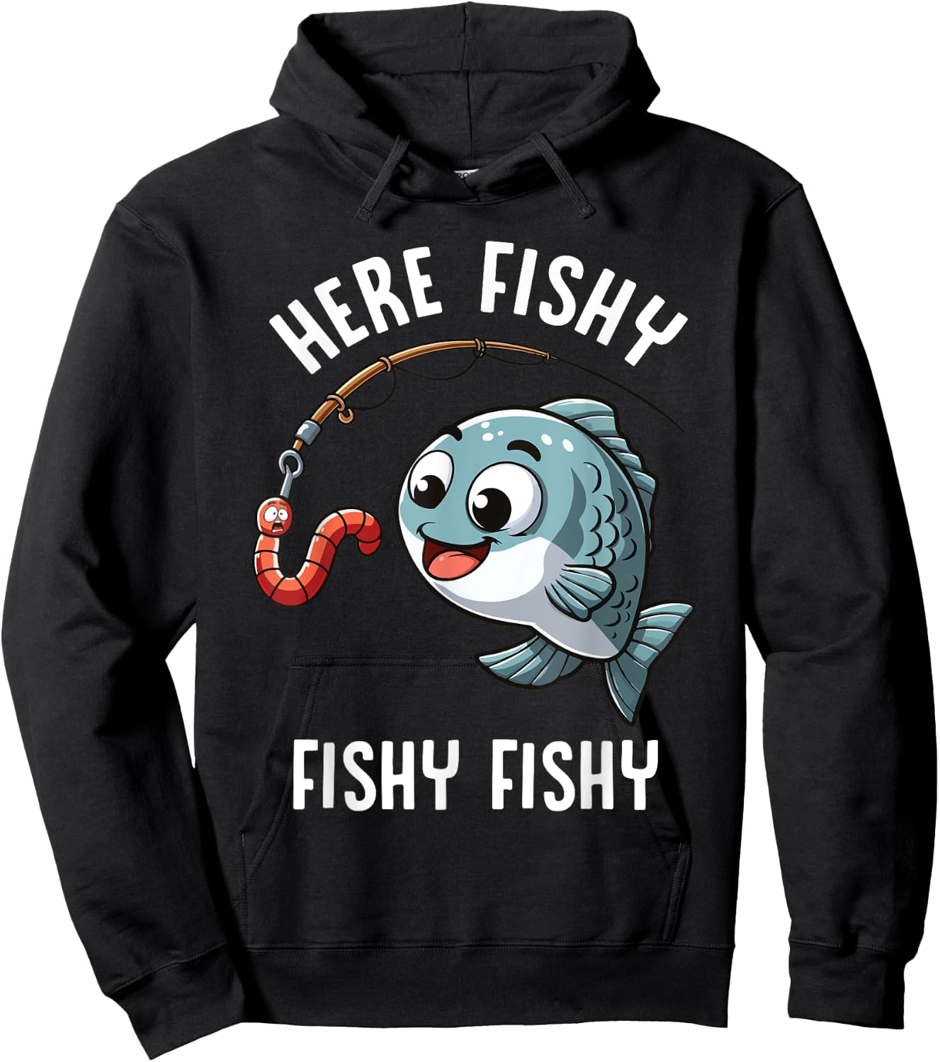 Here Fishy Fishing Funny Worm Cute Fish Fisherman Boys Girls Hoodie - Hoodie | Black