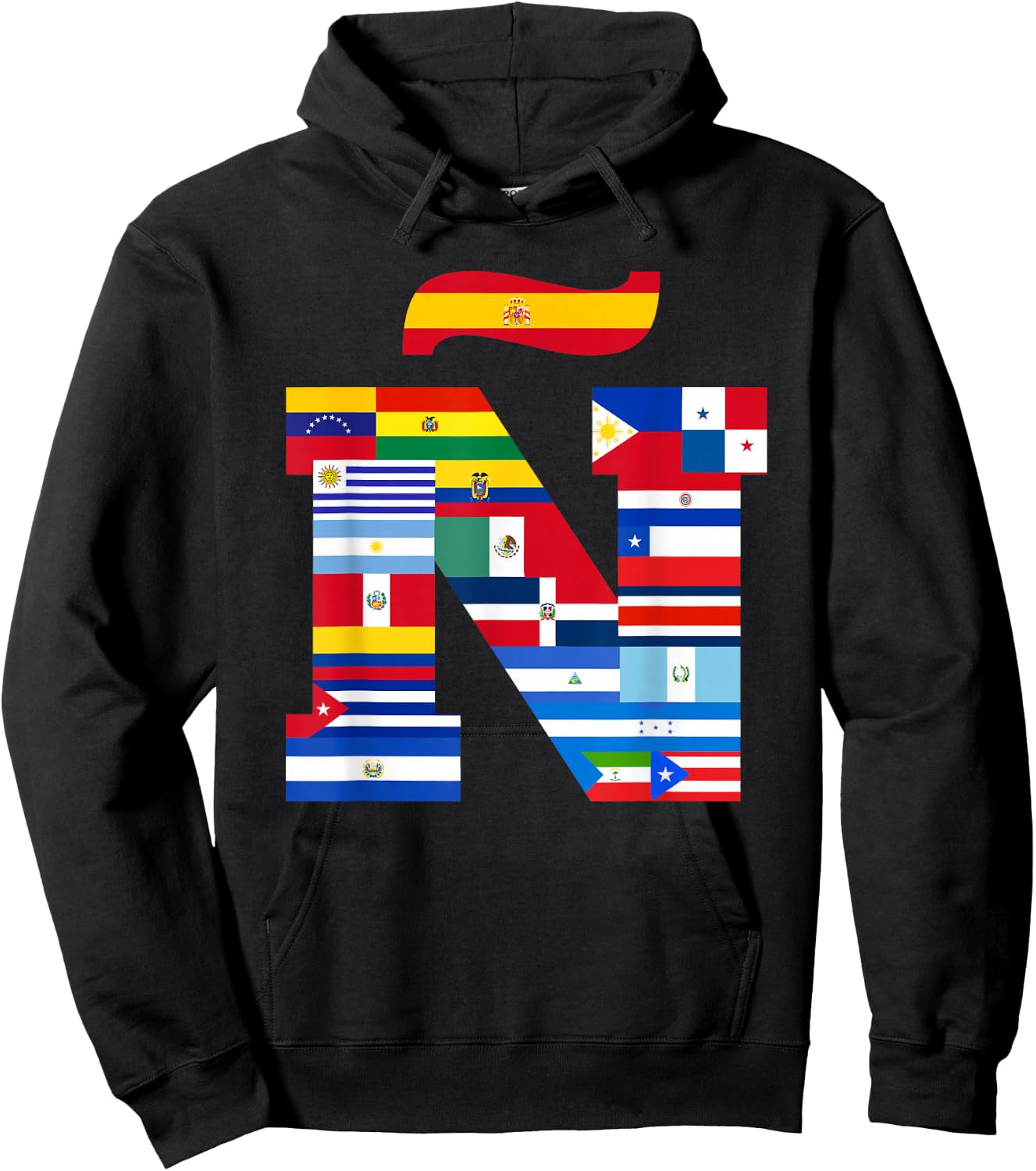 Ñ Viva la Hispanidad, Hispanic Heritage, Vibrant 'Ñ' Flag Hoodie - Hoodie | Black