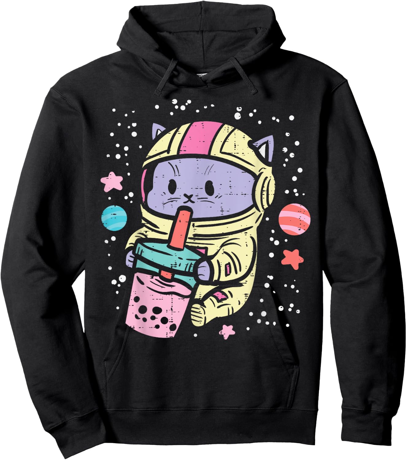 Cat Astronaut Boba Bubble Tea Kawaii Boys Girls Kids Toddler Hoodie - Hoodie | Black