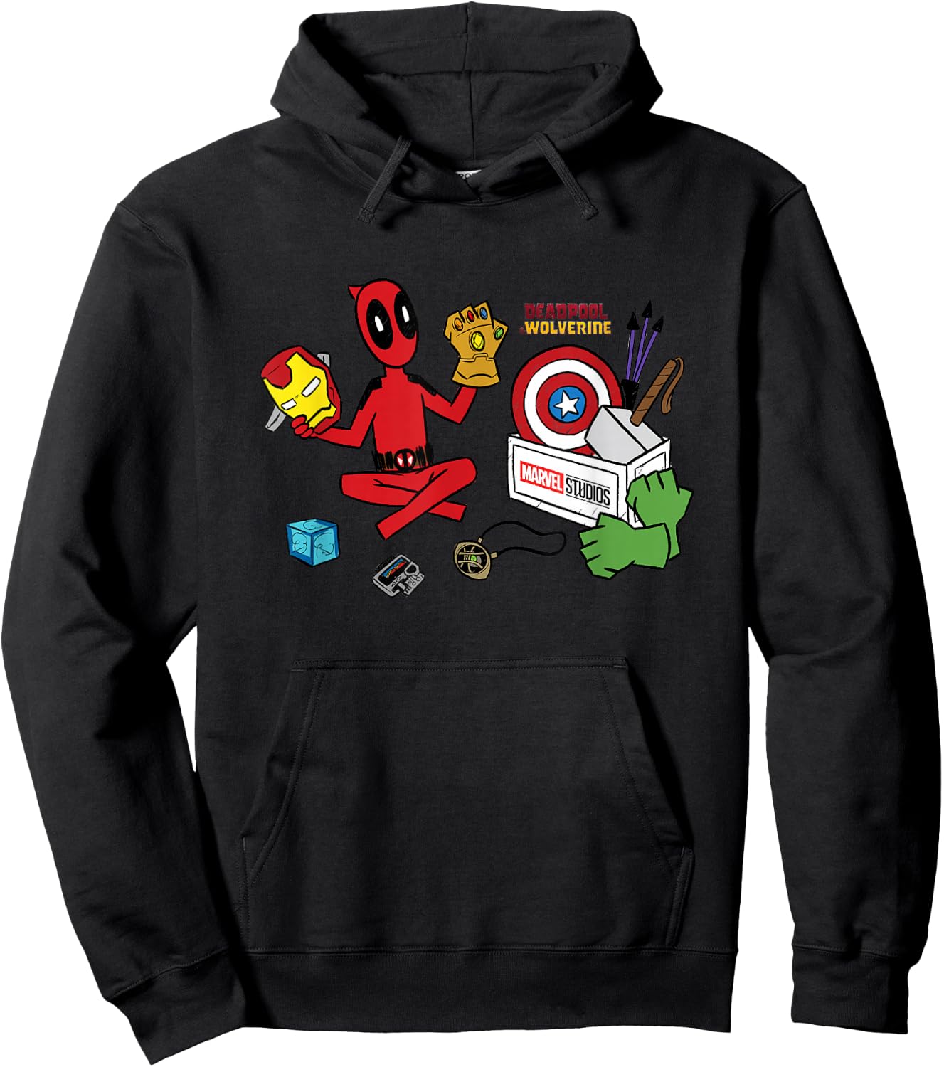 Marvel Deadpool & Wolverine Avengers Tool Box Sketch Icons Hoodie - Hoodie | Black