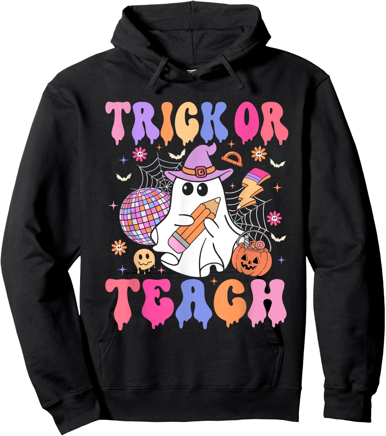 Trick Or Teach Groovy Halloween Floral Ghost Teacher Hoodie - Hoodie | Black