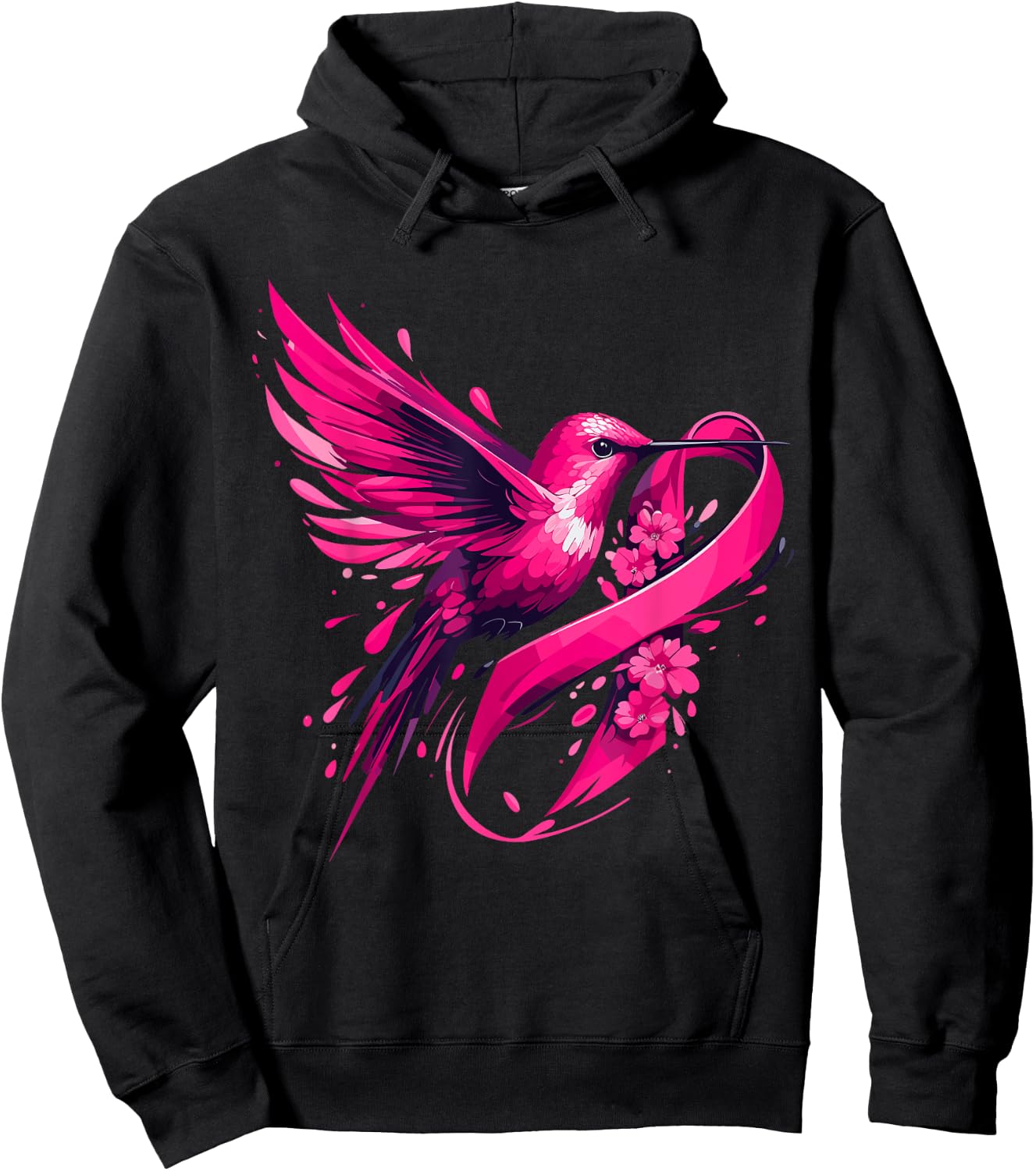 Hummingbird Flower Pink Ribbon Breast Cancer Awareness Hoodie - Hoodie | Black