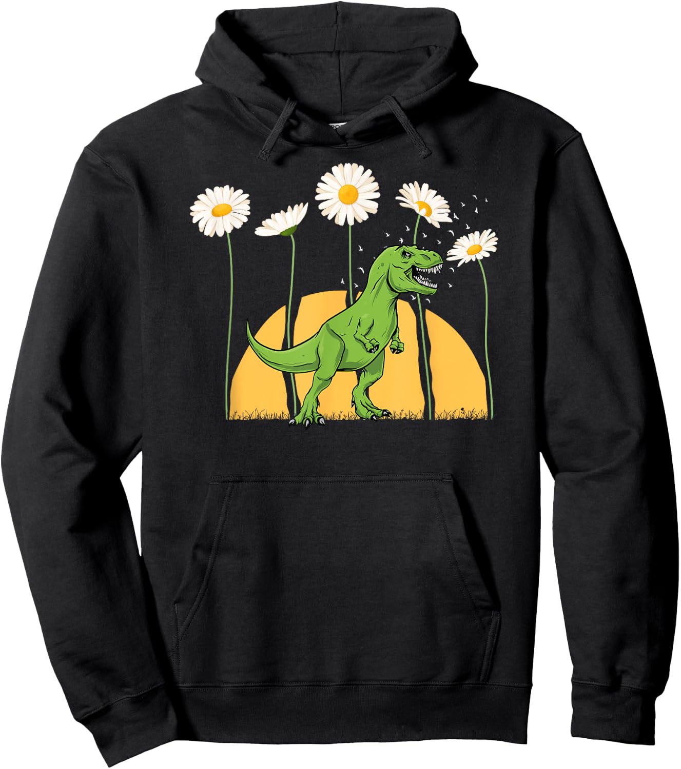 Dinosaur Spring Sunset Towering Daisy Flowers Dino T rex Hoodie - Hoodie | Black