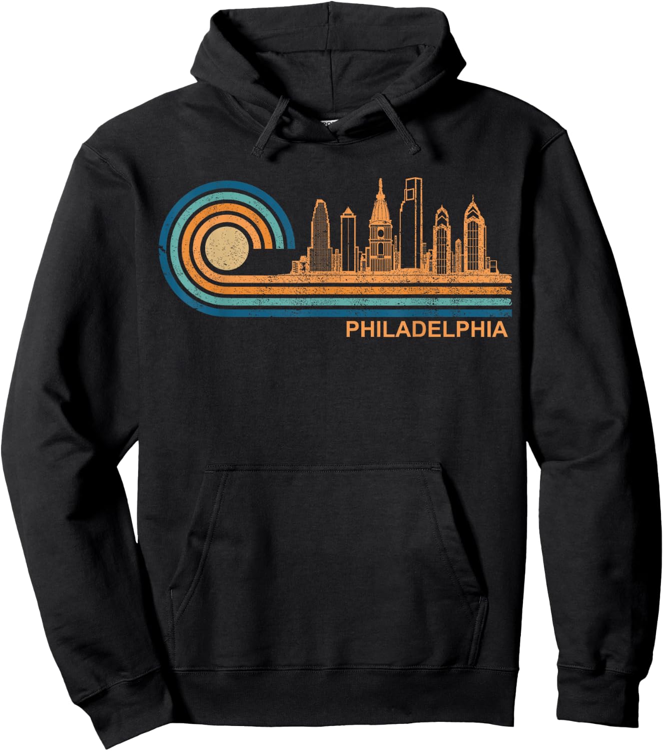 City Skyline Apparel Co. Philadelphia Skyline Retro - Black, -Adults, Small, Short Sleeve, , Classic Fit, Cotton 65%, Polyester 35% Hoodie - Hoodie | Black