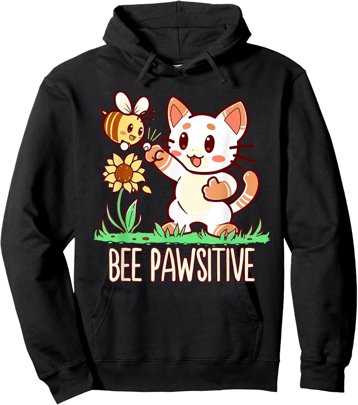 Bee Pawsitive Cat and Bumble Bee Pun Women Girls Kids Hoodie - Hoodie | Black