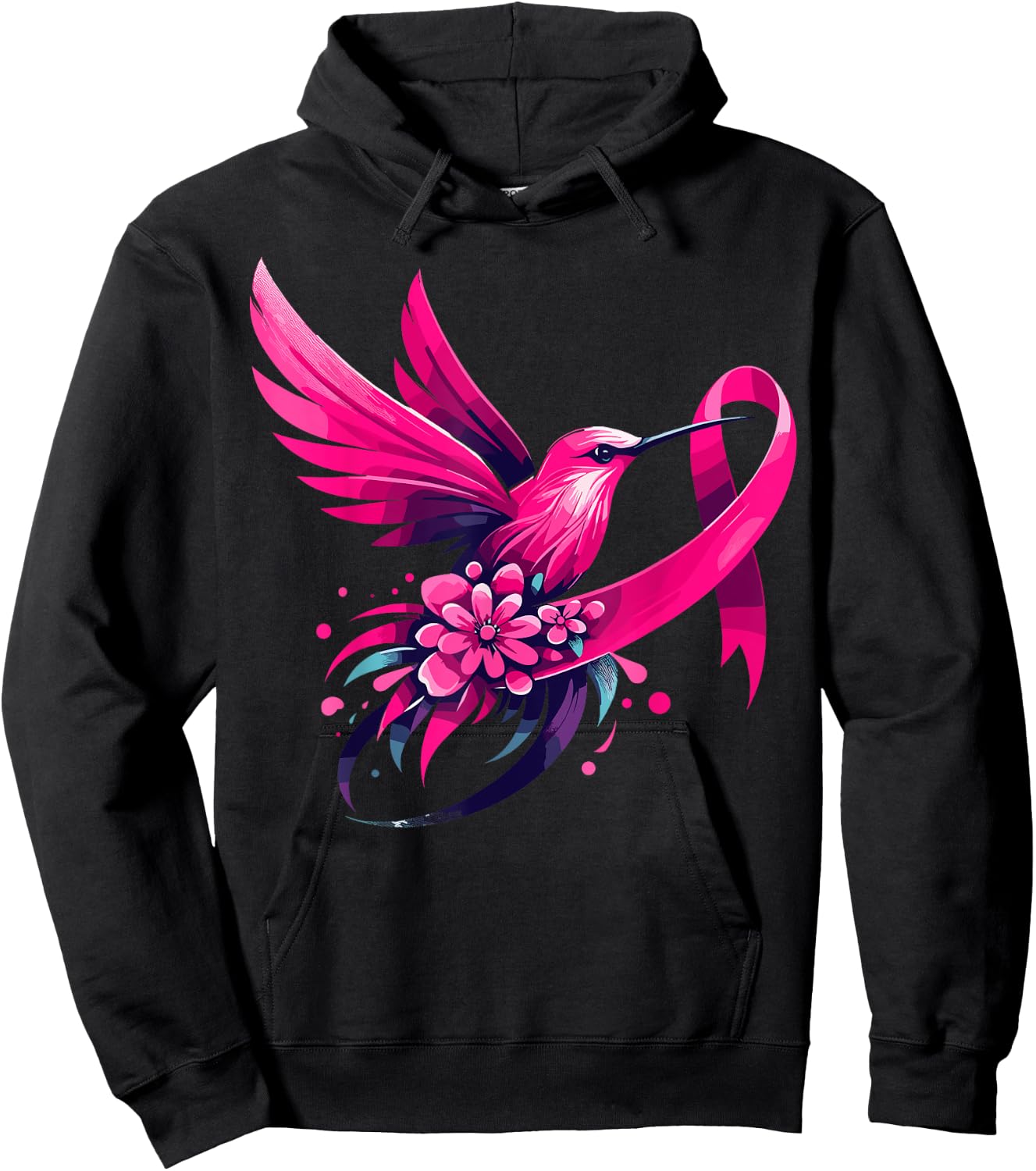 Hummingbird Flower Pink Ribbon Breast Cancer Awareness Hoodie - Hoodie | Black
