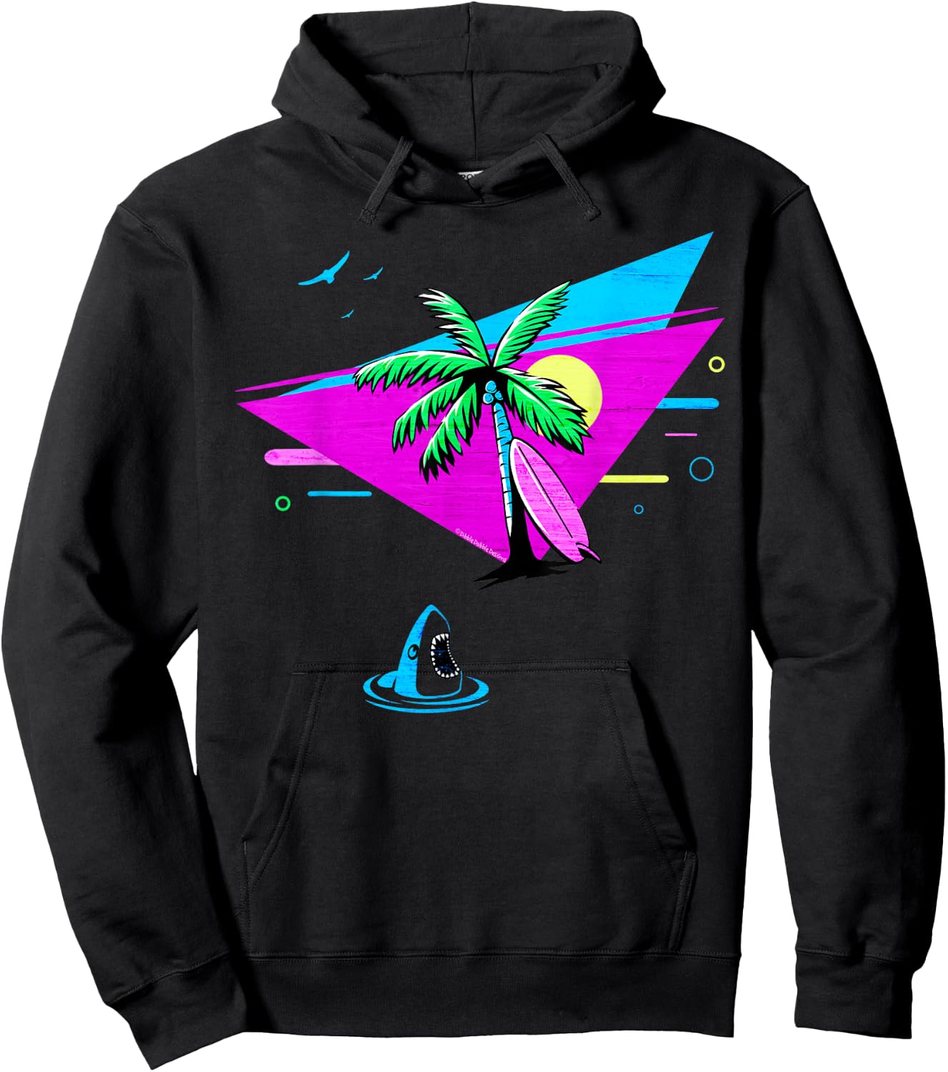 Fun Retro Tropical Vaporwave Palm Trees Shark and Surfboard Hoodie - Hoodie | Black