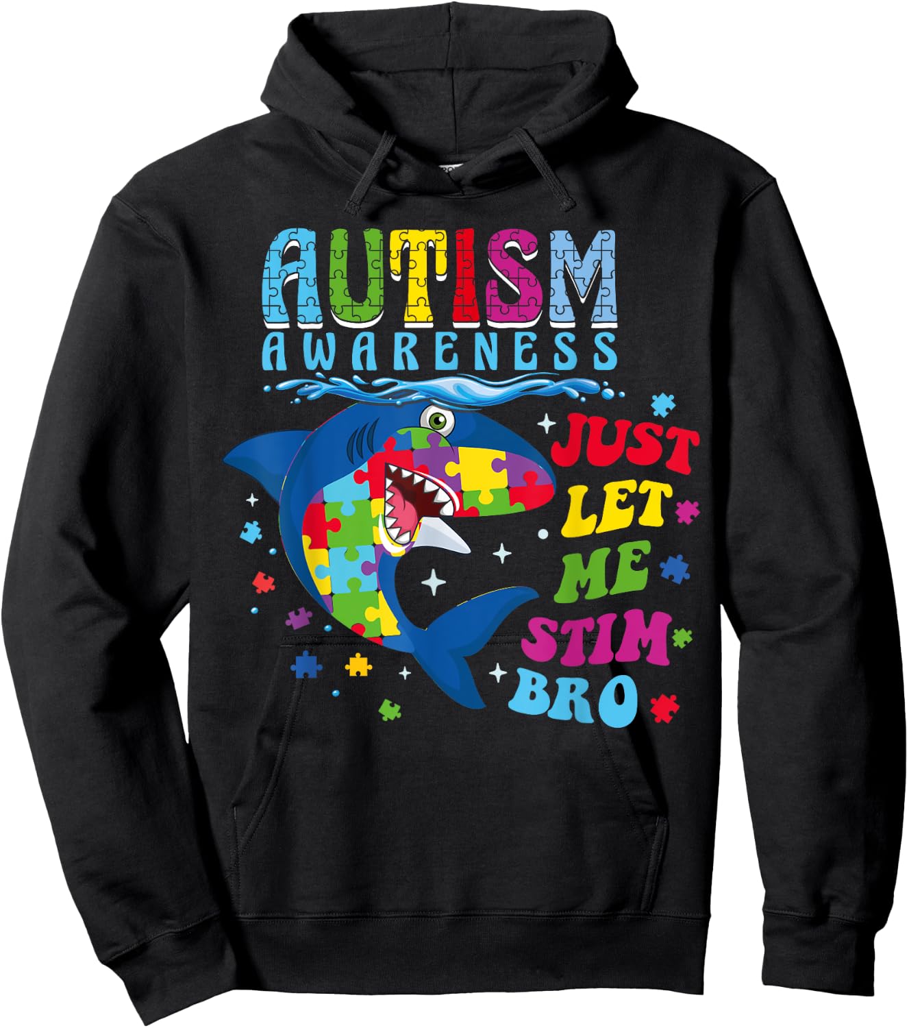 Just Let Me Stim Bro Retro Autism Awareness Day Shark Puzzle Hoodie - Hoodie | Black