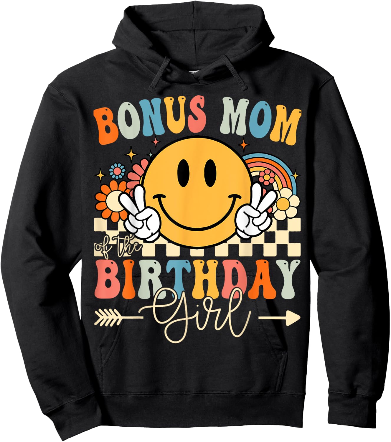 Bonus Mom Of The Birthday Girl Groovy Retro Vintage Hoodie - Hoodie | Black