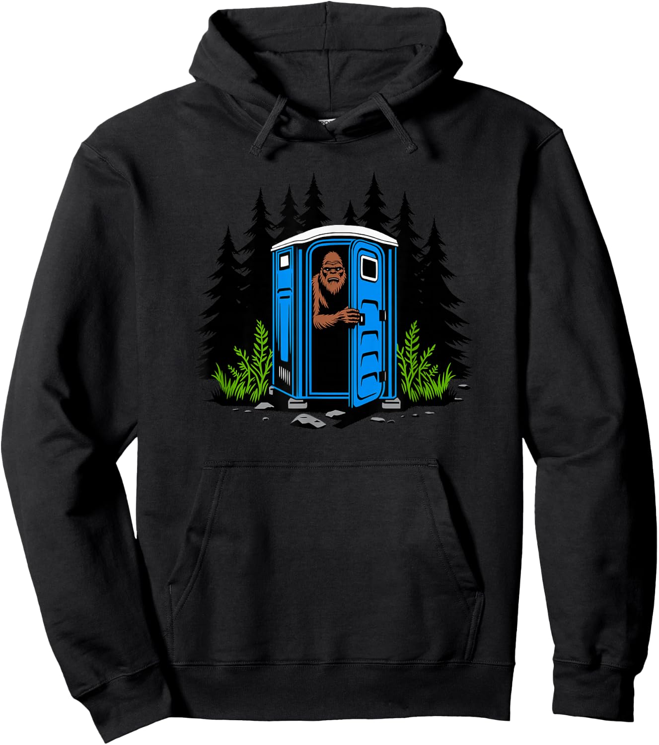 Bigfoot Peeking Out of A Porta Potty in The Woods Hoodie - Hoodie | Black