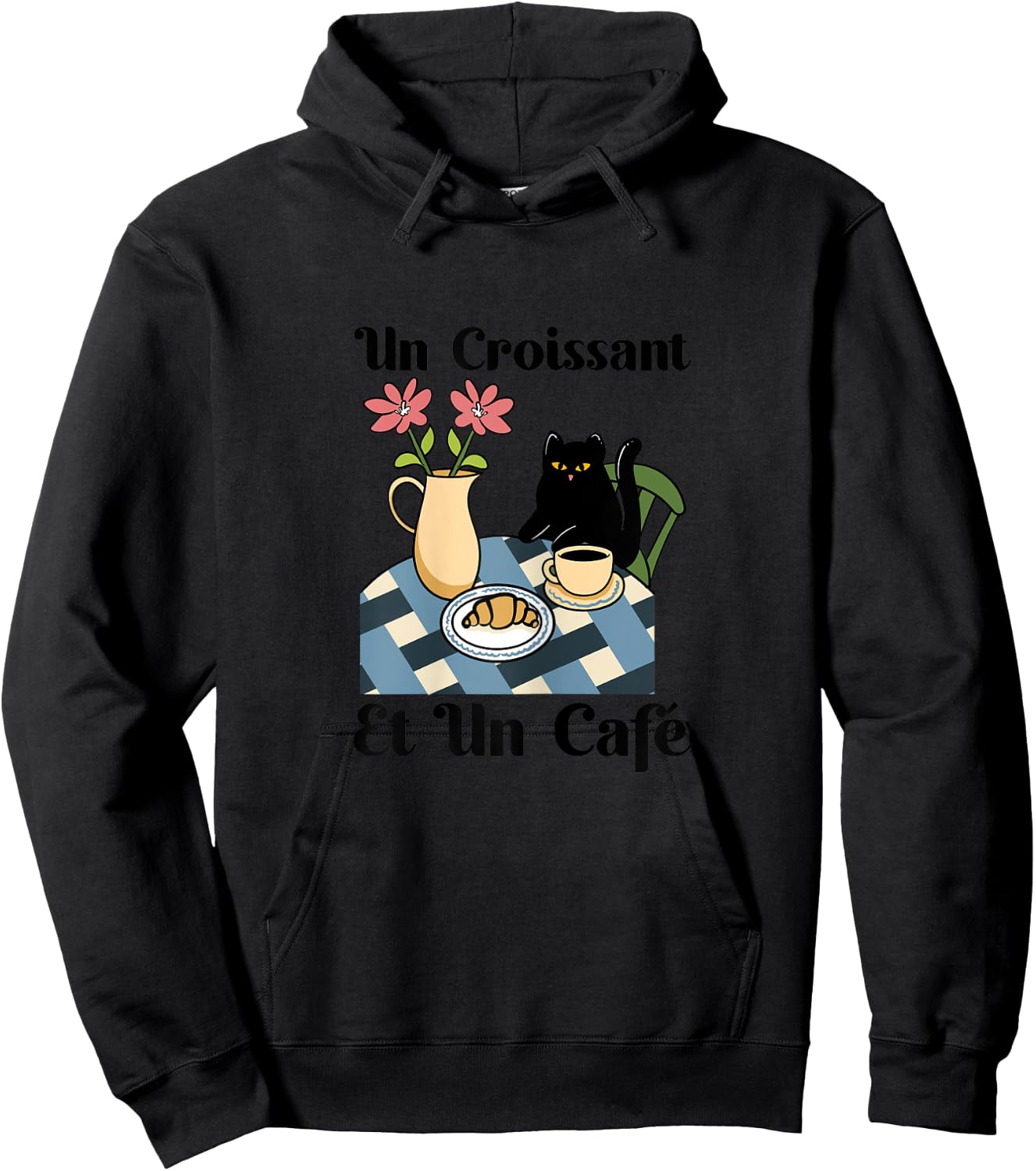Cat Enjoys Coffee & Croissant, French Breakfast Brunch Cafe Women Hoodie - Hoodie | Black