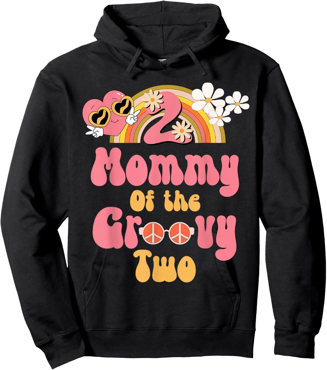 Mommy of the Groovy Two peace sign retro birthday matching Hoodie - Hoodie | Black
