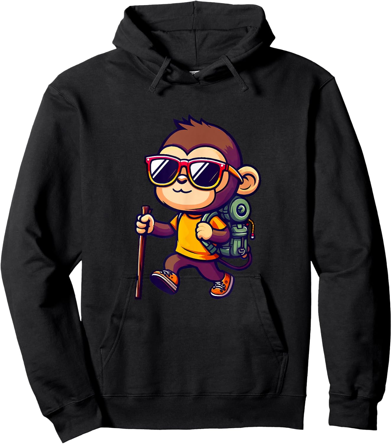 Hiking Monkey With Backpack And Walking Stick Hoodie - Hoodie | Black