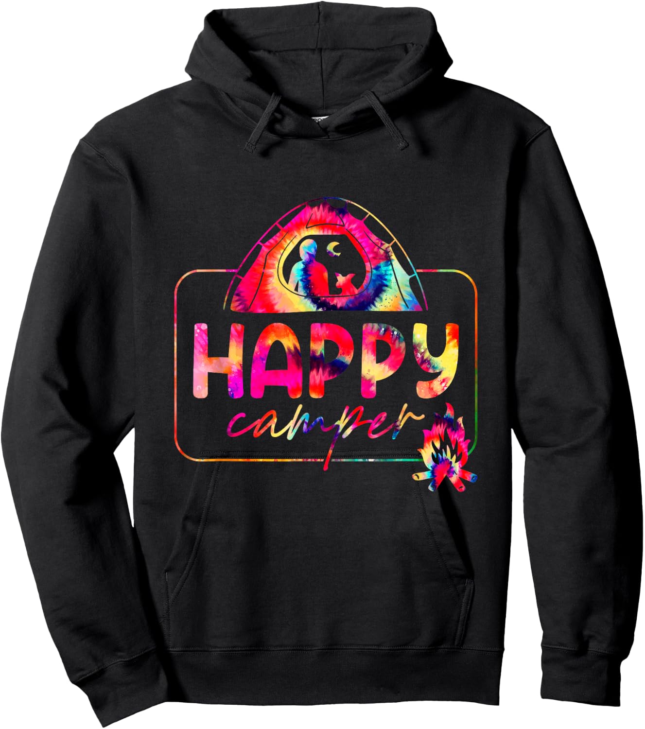 Happy a Camper Tie Dye Rainbow Camping Hippie Campfire Hoodie - Hoodie | Black