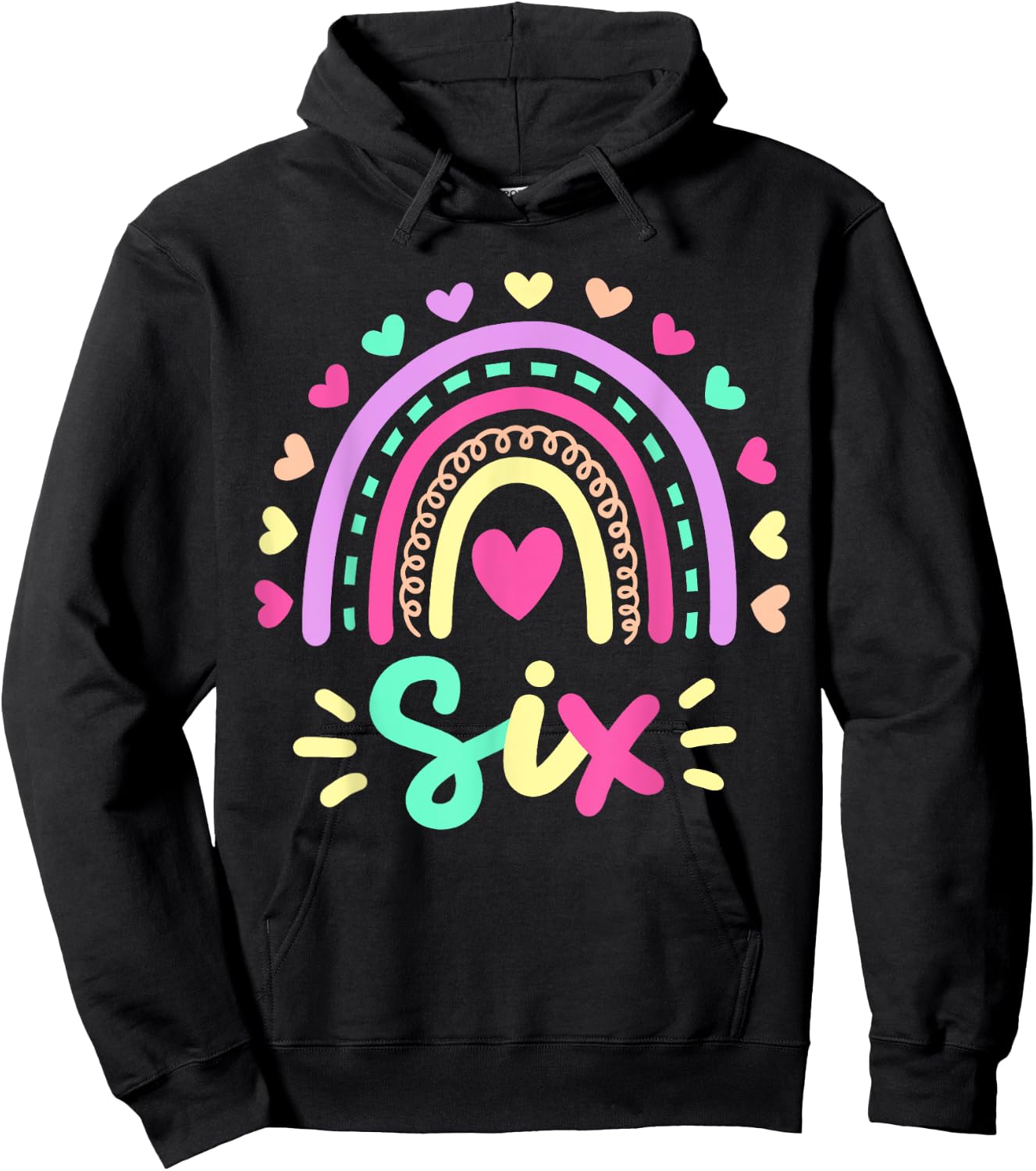 Six 6th Birthday Retro Rainbow Boho 6 Years Old Girls Kids Hoodie - Hoodie | Black