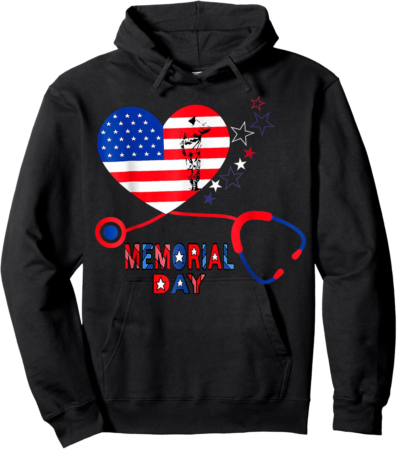 Nurse Stethoscope Heart Patriotic Memorial day Flag America Hoodie - Hoodie | Black