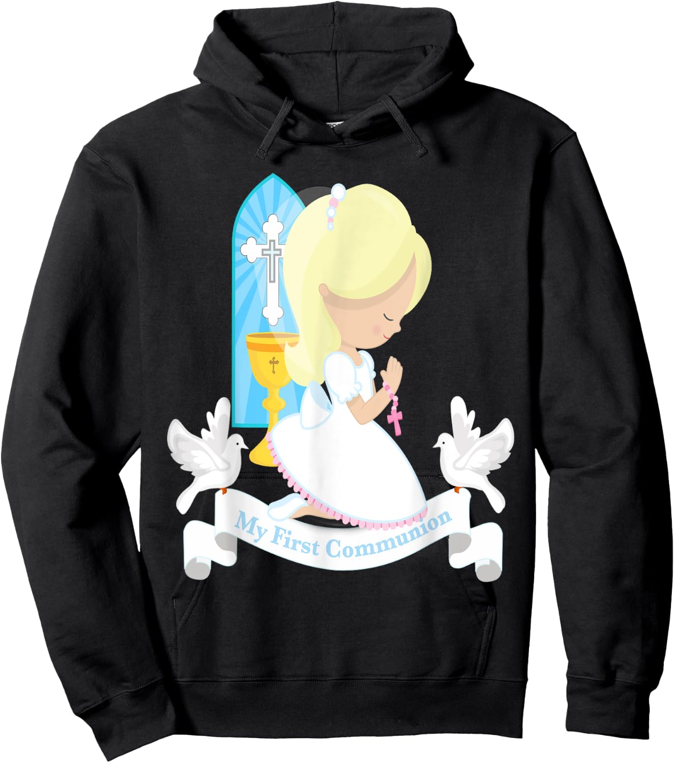 My First Communion Shirt Gift Cute Kids Daughter Girl Blonde Hoodie - Hoodie | Black