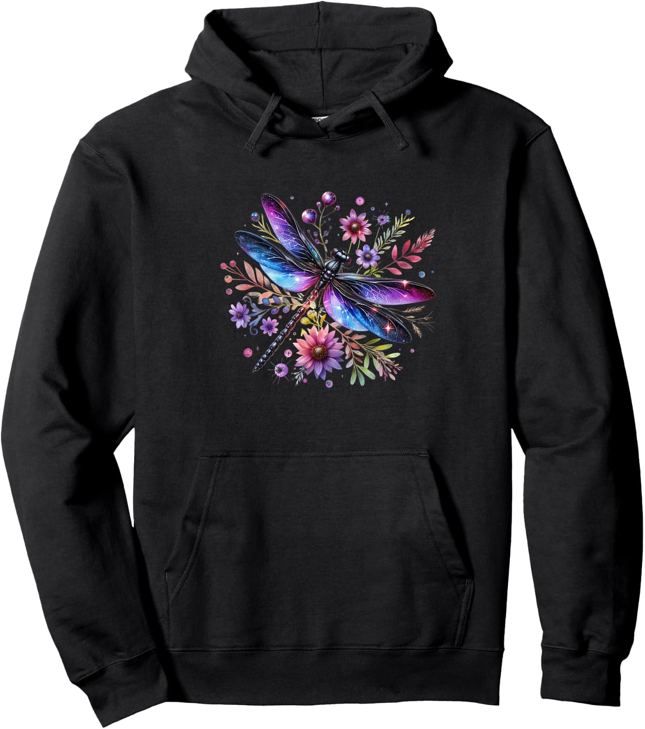 Beautiful Watercolor Black and Purple Dragonfly On Flowers Hoodie - Hoodie | Black