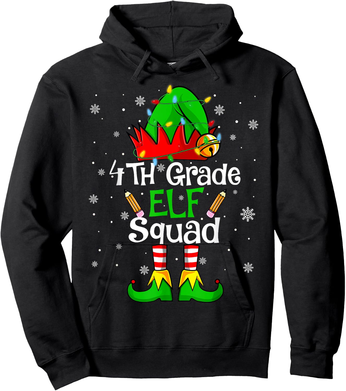 Christmas 4th Grade Elf Squad Fourth Grade Teacher Student Hoodie - Hoodie | Black