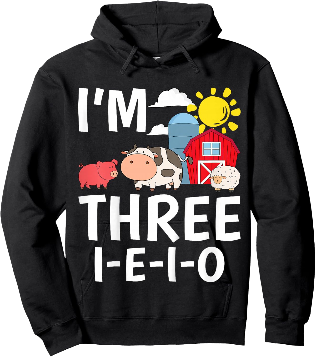Kids I'm Three I-E-I-O 3 Years Old Farm Animal Birthday Hoodie - Hoodie | Black