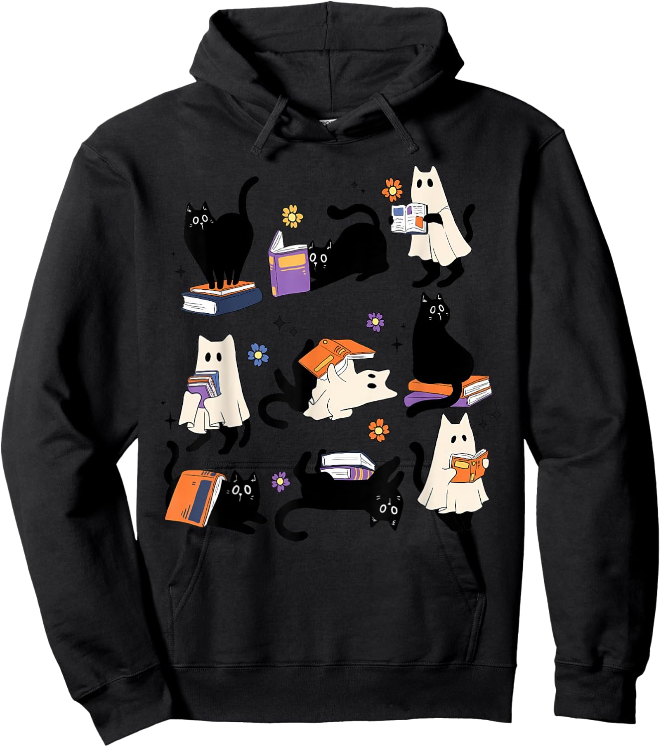 Cute Ghost Cat Reading Books Lover Bookish Halloween Spooky Hoodie - Hoodie | Black