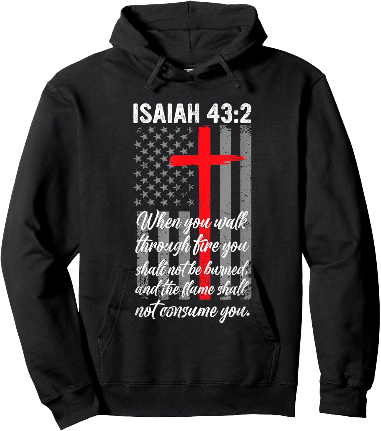 Thin Red Line Firefighter Cross Bible Verse American Flag Hoodie - Hoodie | Black