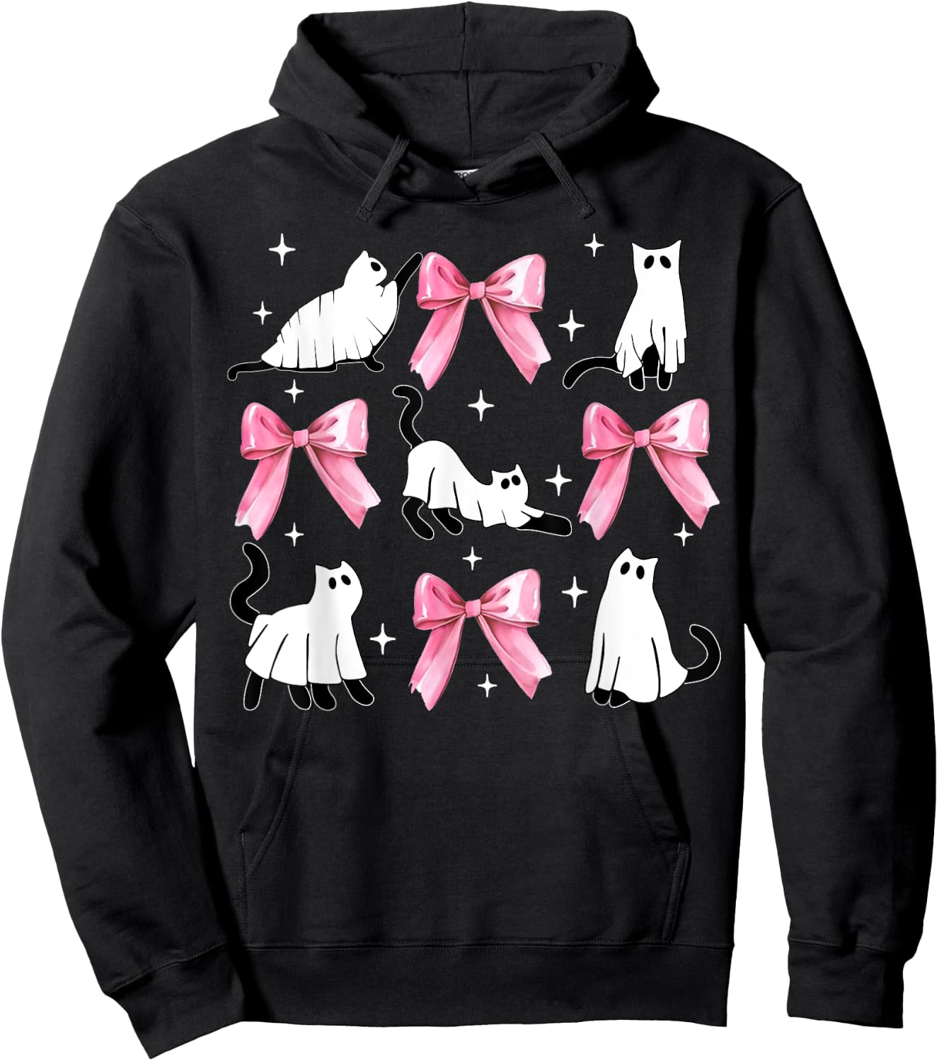 Ghost Cat Boo Costume Cute Pink Bow Coquette Kitty Halloween Women Kids Hoodie - Hoodie | Black
