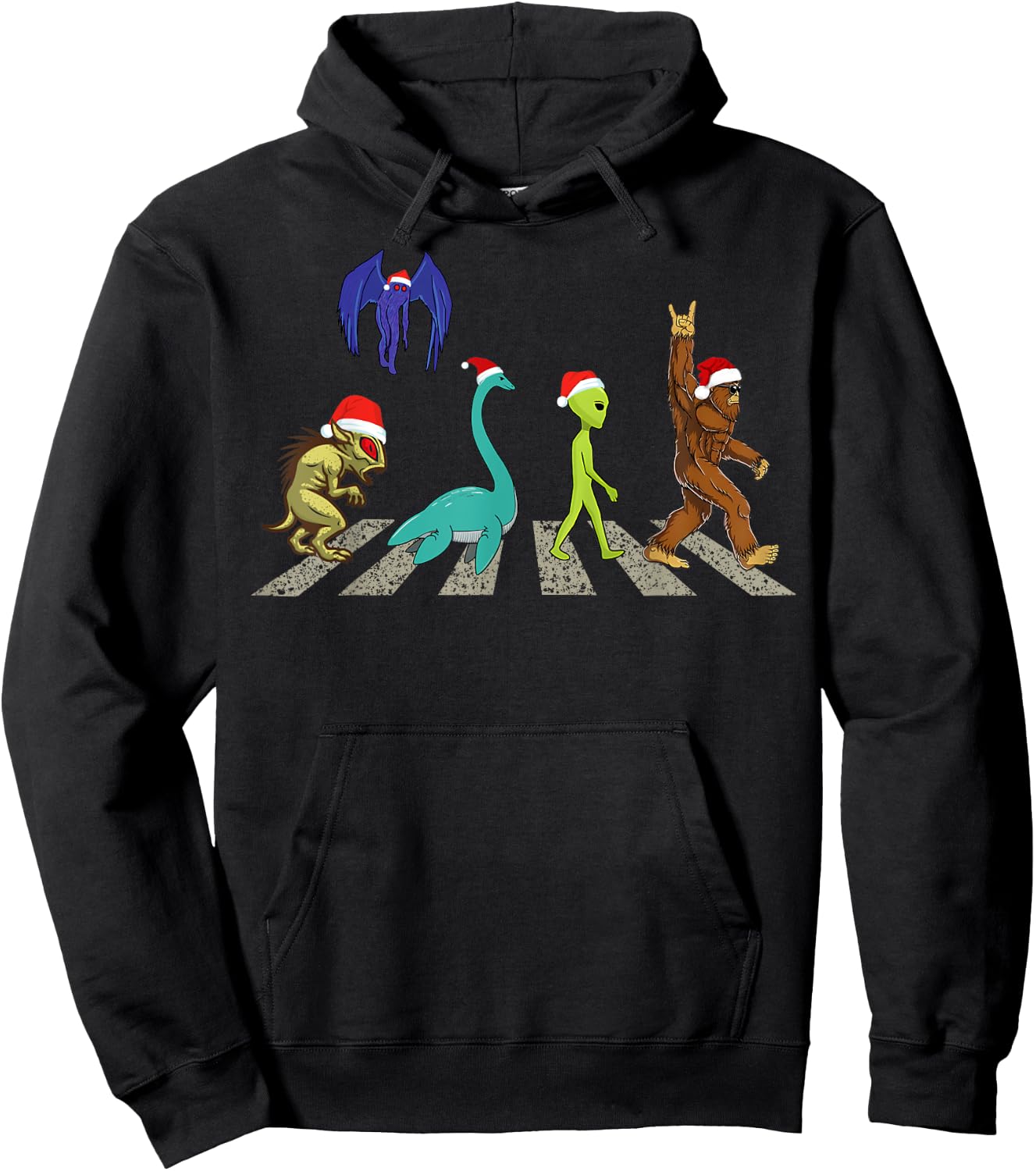Christmas Cryptid Squad Bigfoot Mothman Alien Nessie Hoodie - Hoodie | Black
