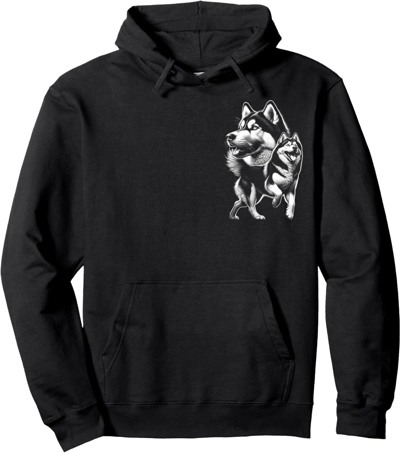 Cool Siberian Husky Dog in Chic Drawing Style on Chest Hoodie - Hoodie | Black
