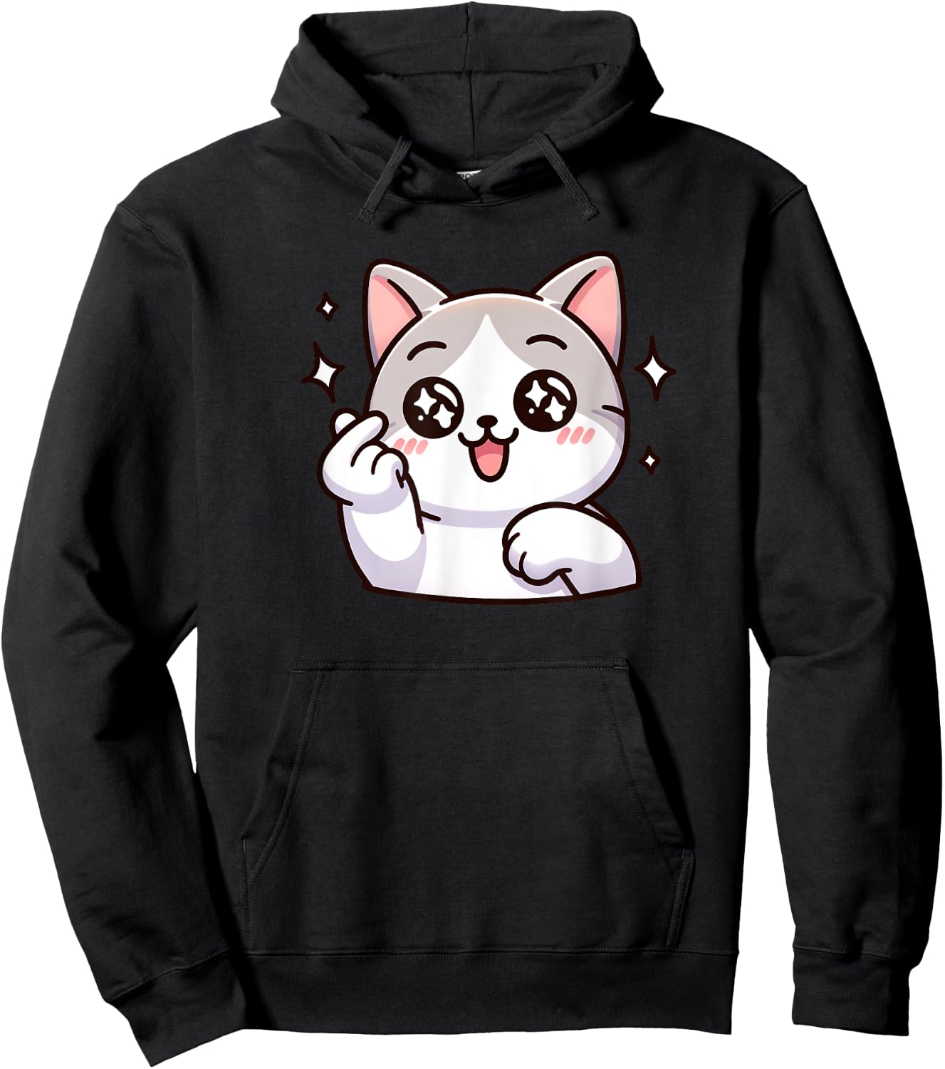 Funny Cat Cartoon Finger-heart K-pop Korean Men Women Kids Hoodie - Hoodie | Black