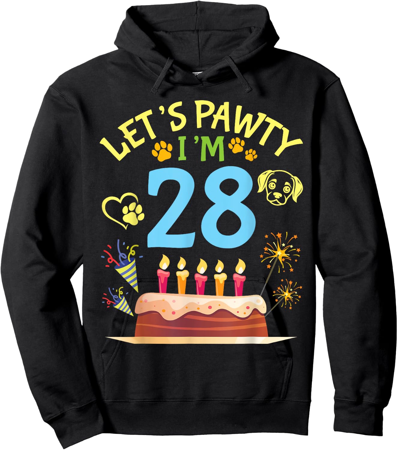 Big Cake Fireworks Dog Face Paw Let's Pawty I'm 28 Years Old Hoodie - Hoodie | Black