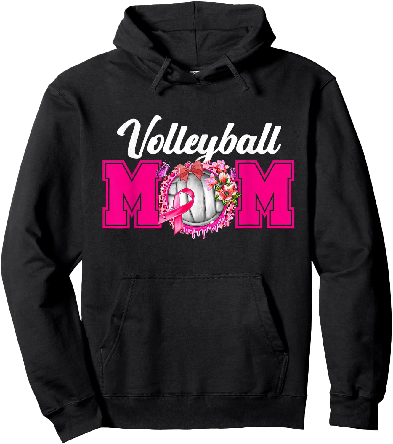 Volleyball Mom Pink Ribbon Breast Cancer Fighter Sport Fan Hoodie - Hoodie | Black