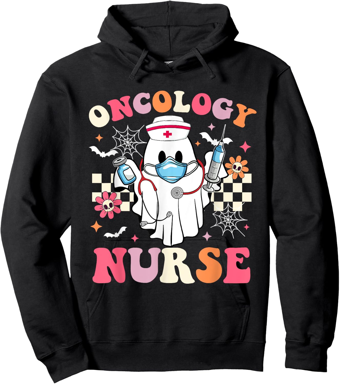Spooky Oncology Nurse Ghost Halloween Cute Groovy Nursing Hoodie - Hoodie | Black