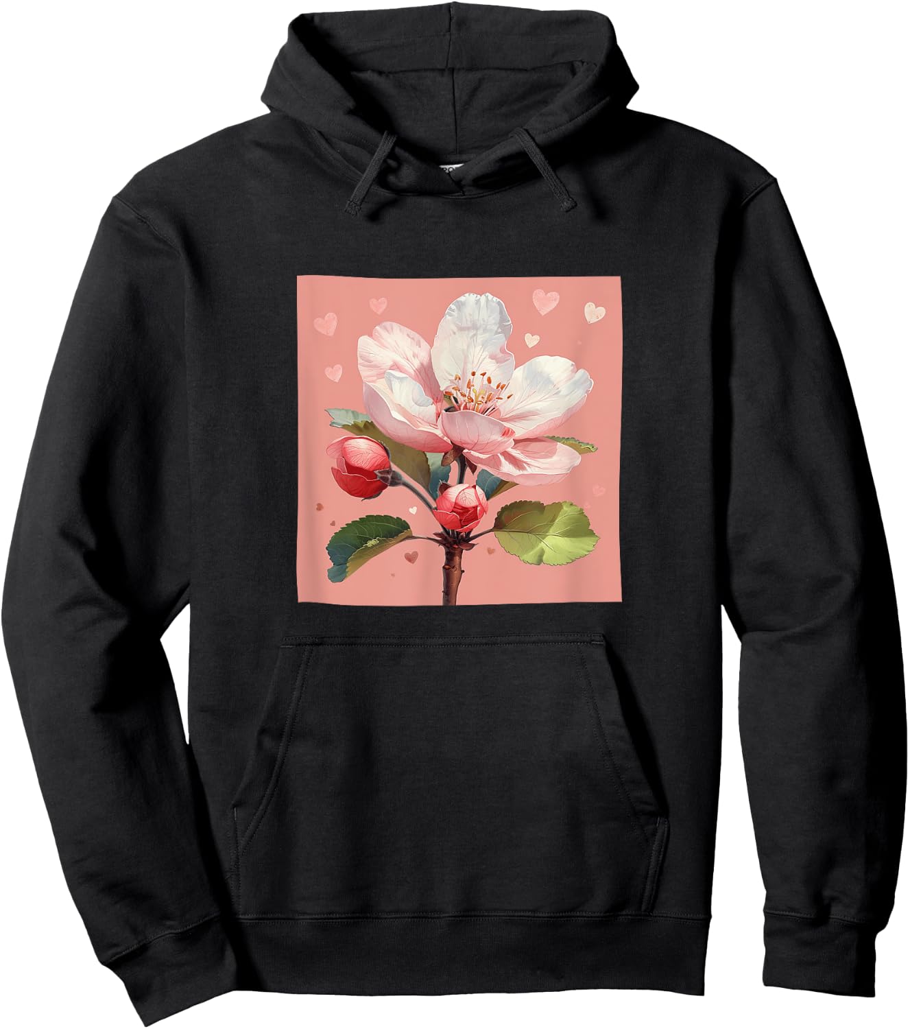 Apple Blossom Flower With Hearts Around Boho Style Graphic Hoodie - Hoodie | Black