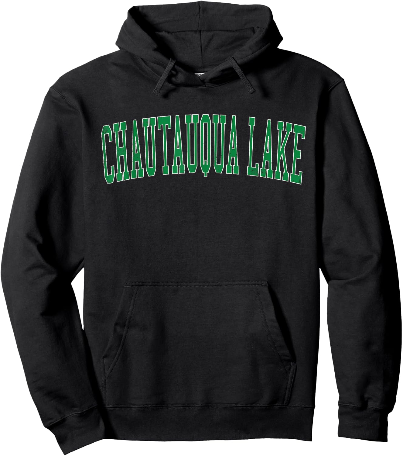 Vintage Chautauqua Lake Distressed Green Varsity Style Hoodie - Hoodie | Black