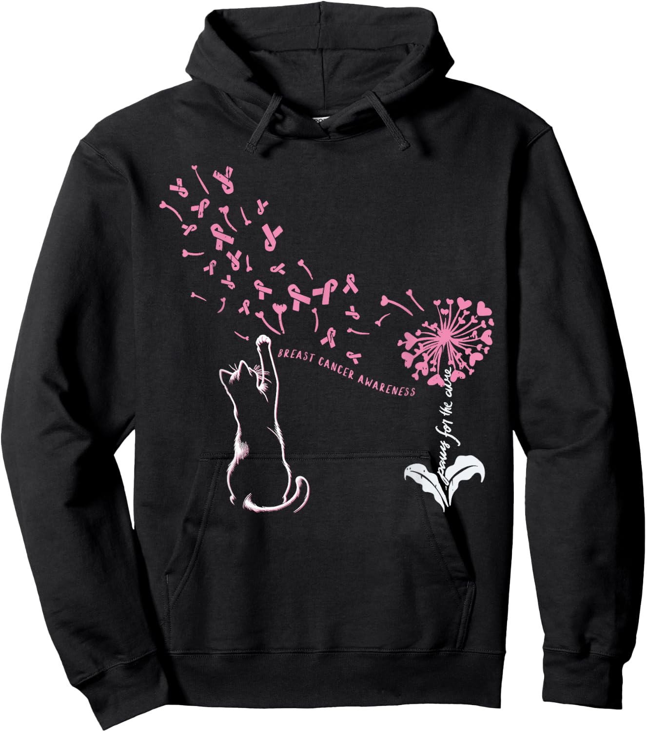 Cat Paw For Cure Support Breast Cancer Awareness Dandelion Hoodie - Hoodie | Black
