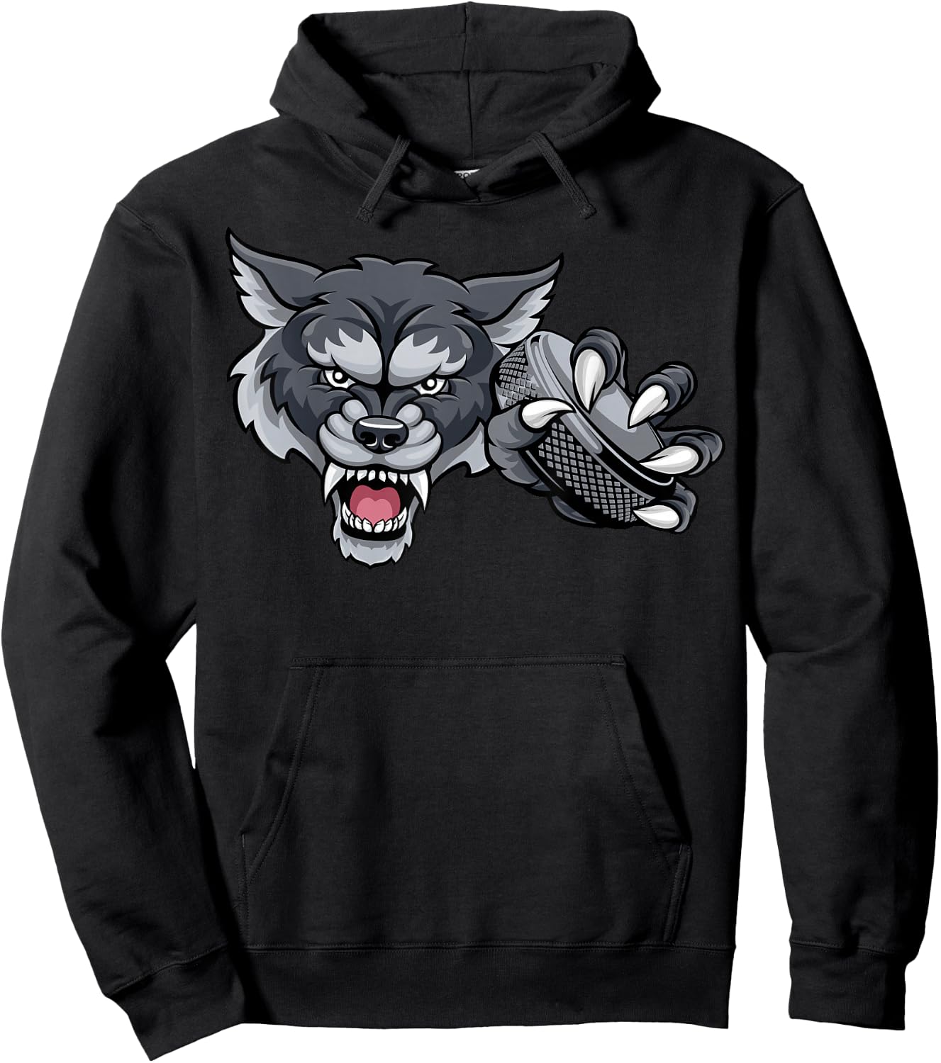 Wolf Cartoon Sports Wolves Team Mascot Holding Hockey Puck Hoodie - Hoodie | Black