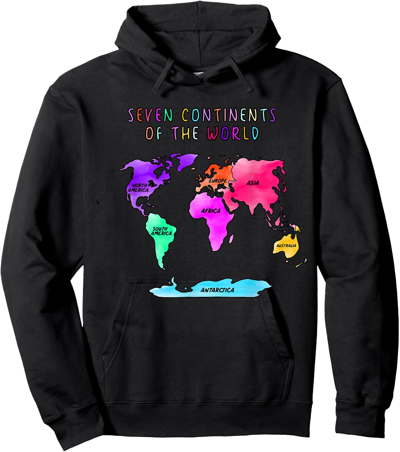 Simplified, watercolor world map, names of the continents Hoodie - Hoodie | Black