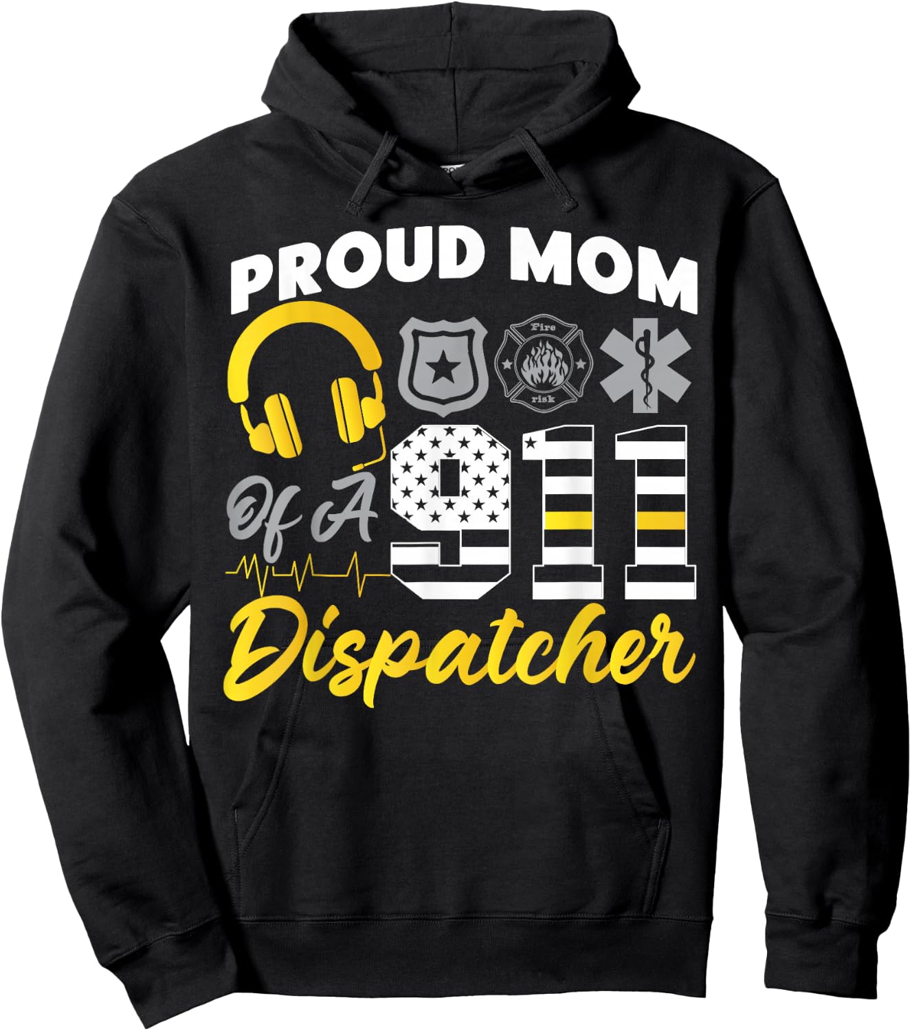 911 Dispatcher Thin Gold Yellow Line Mom American Flag Proud Hoodie - Hoodie | Black