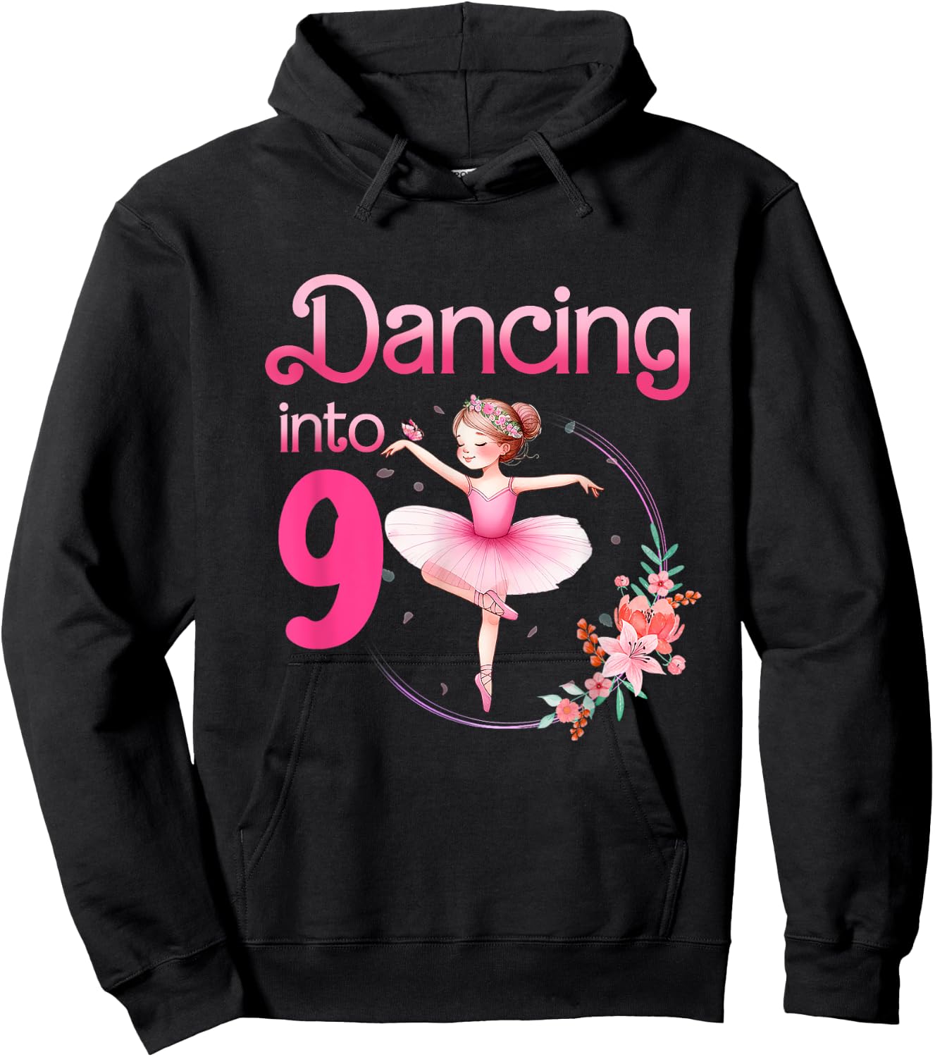 Dancing Into 9 Ballerina 9th Birthday Party Ballet Girls Hoodie - Hoodie | Black