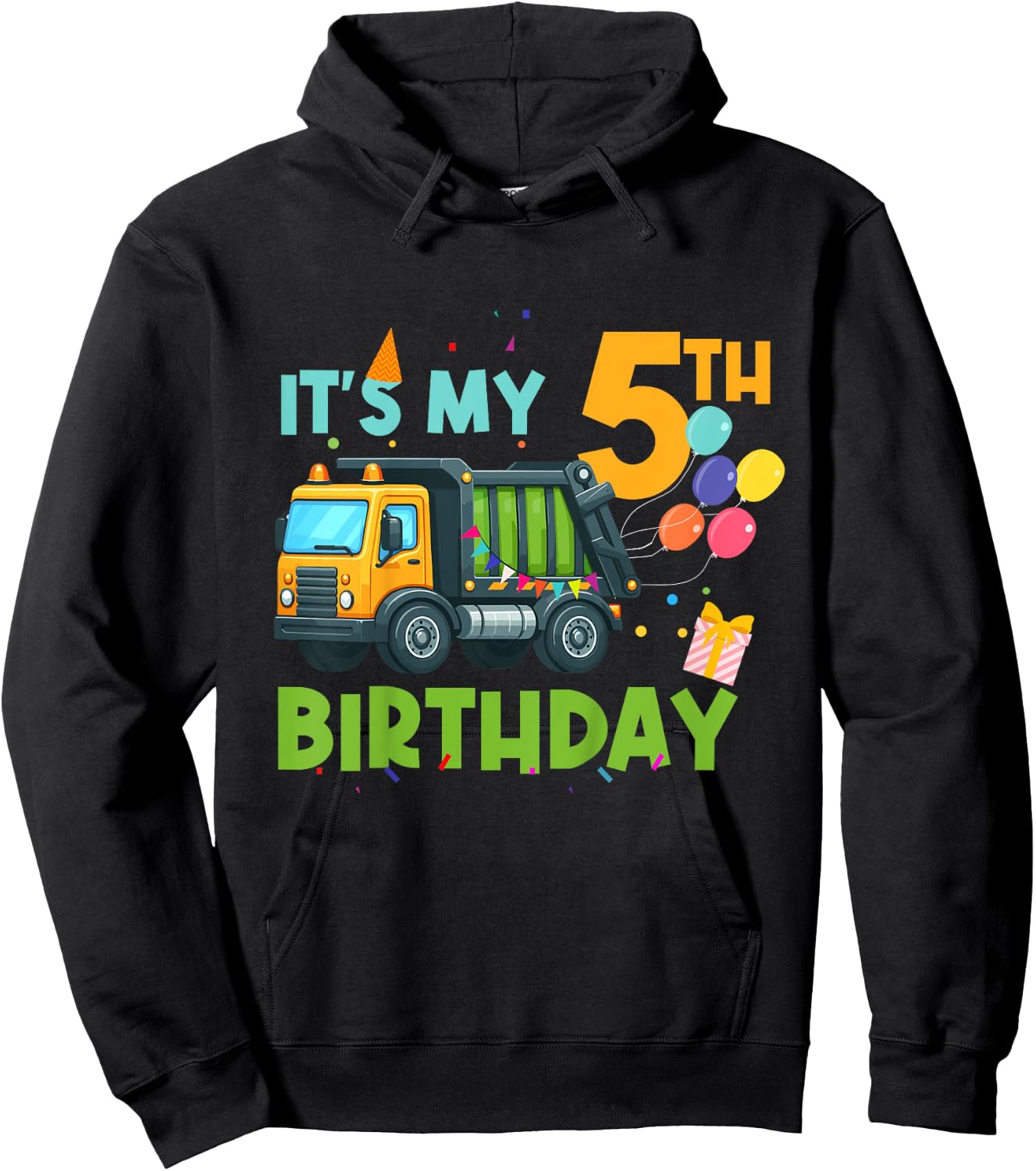 It's My Fifth Birthday 5 Year Old Garbage Truck Birthday Hoodie - Hoodie | Black