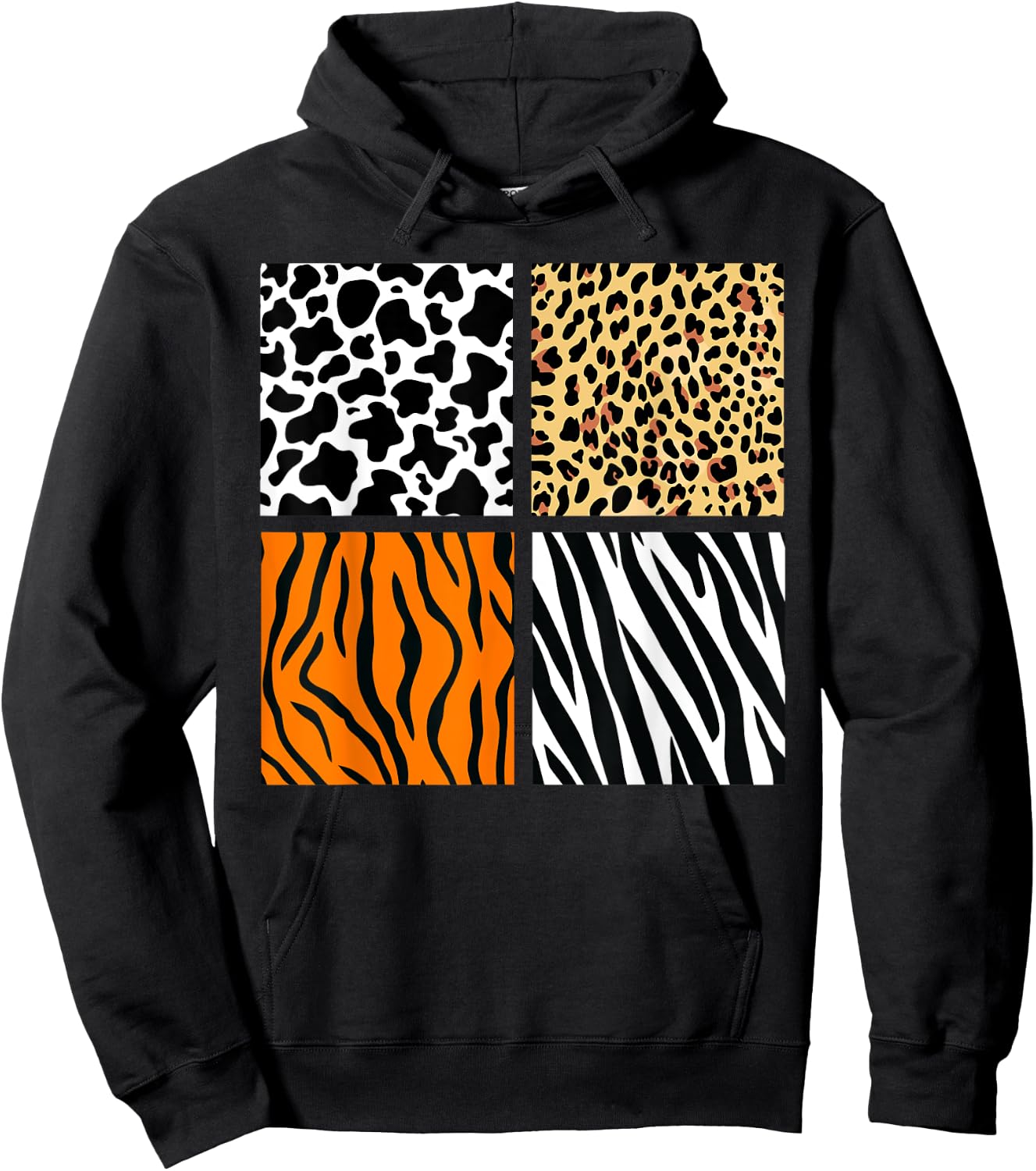Four Animal Pattern Cow Tiger Leopard Zebra Animal Print Hoodie - Hoodie | Black