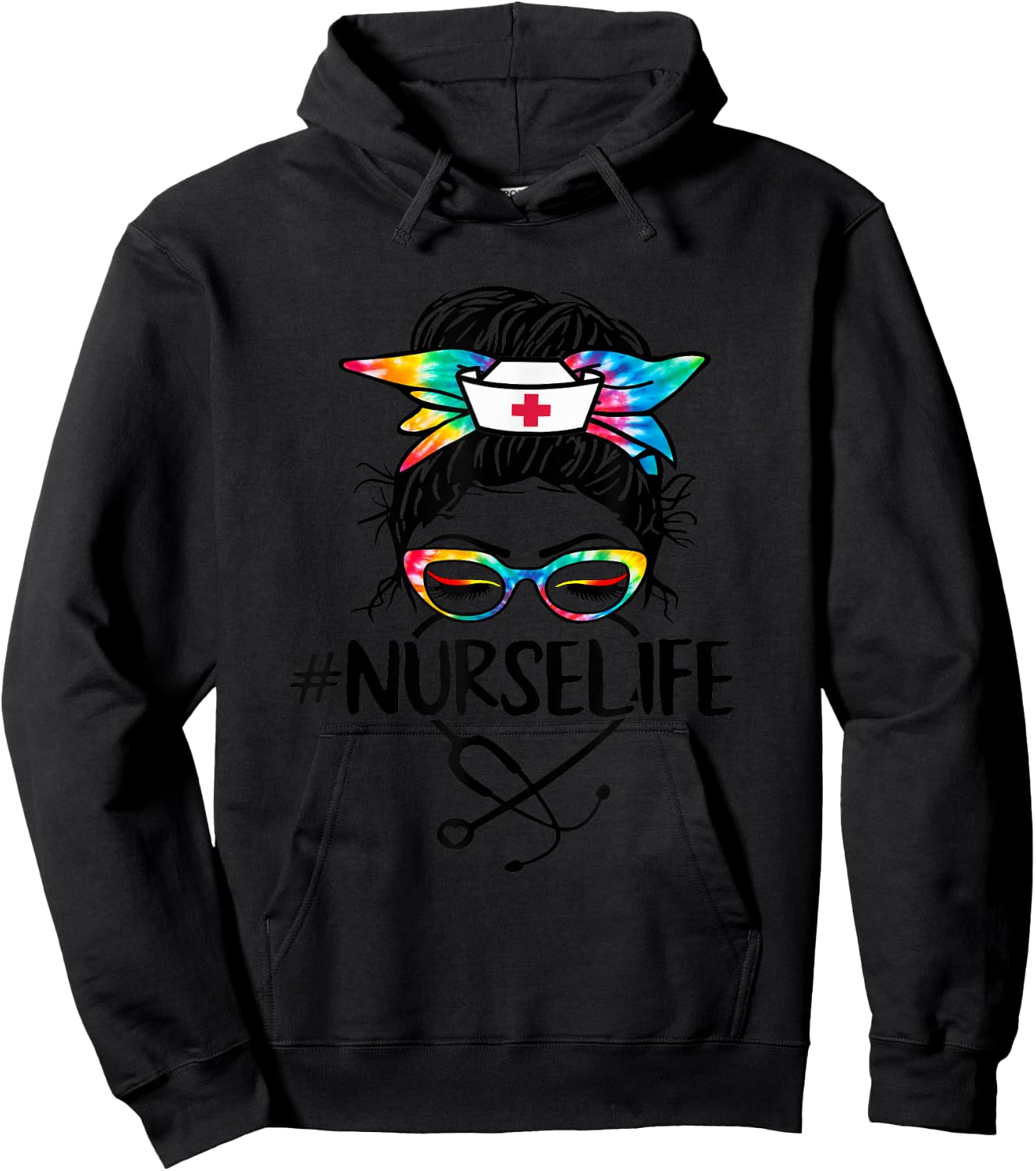 Nurse Life Messy Bun Tie Dye Stethoscope Nurses Nursing RN Hoodie - Hoodie | Black