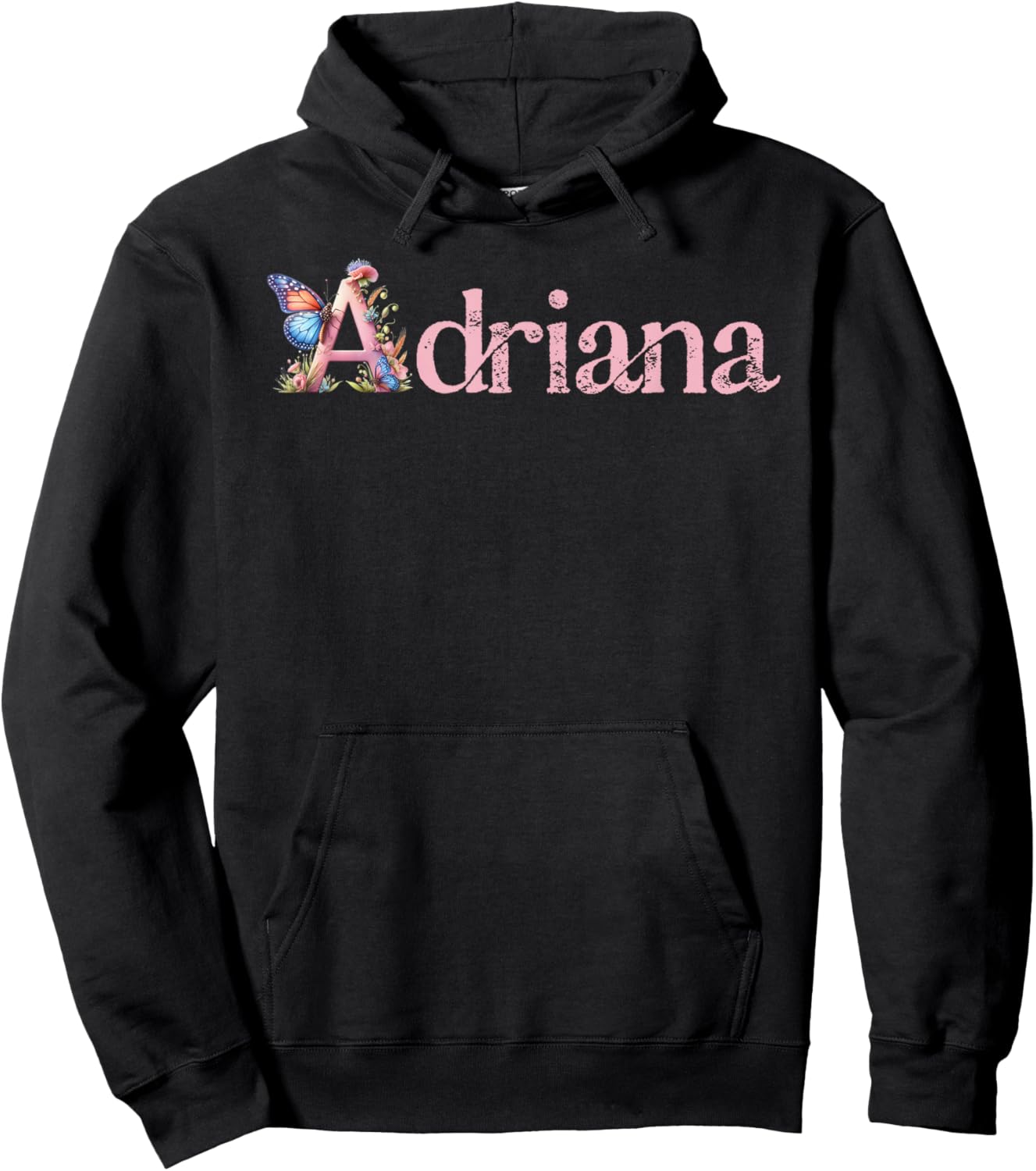 Adriana Initial A Spring Floral And Wings Name Hoodie - Hoodie | Black