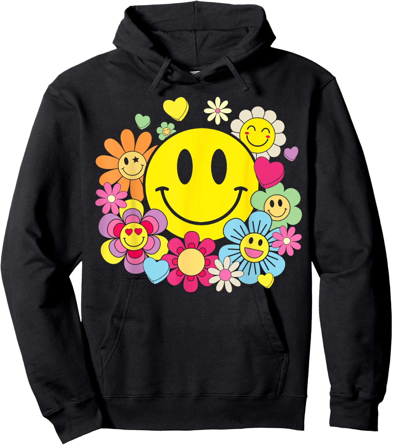 Retro Smile Face Flower Happy Face Flowers Heart Kids Girls Hoodie - Hoodie | Black